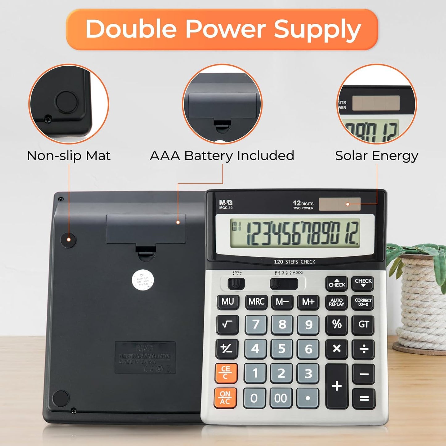 M&G Desk Calculator 12 Digit Extra Large LCD Display Calculators with Check & Correct, Dual Solar Power and Battery, Multi-Functional Financial Office Business Calculator with Big Buttons