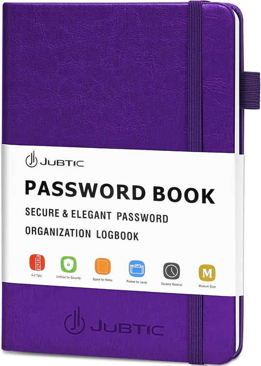 JUBTIC Password Book with Alphabetical Tabs. Medium Size Password Keeper Logbook for Internet Log in, Website Address. Hardcover Password Journal Notebook & Organizer for Home Office, Violet Purple