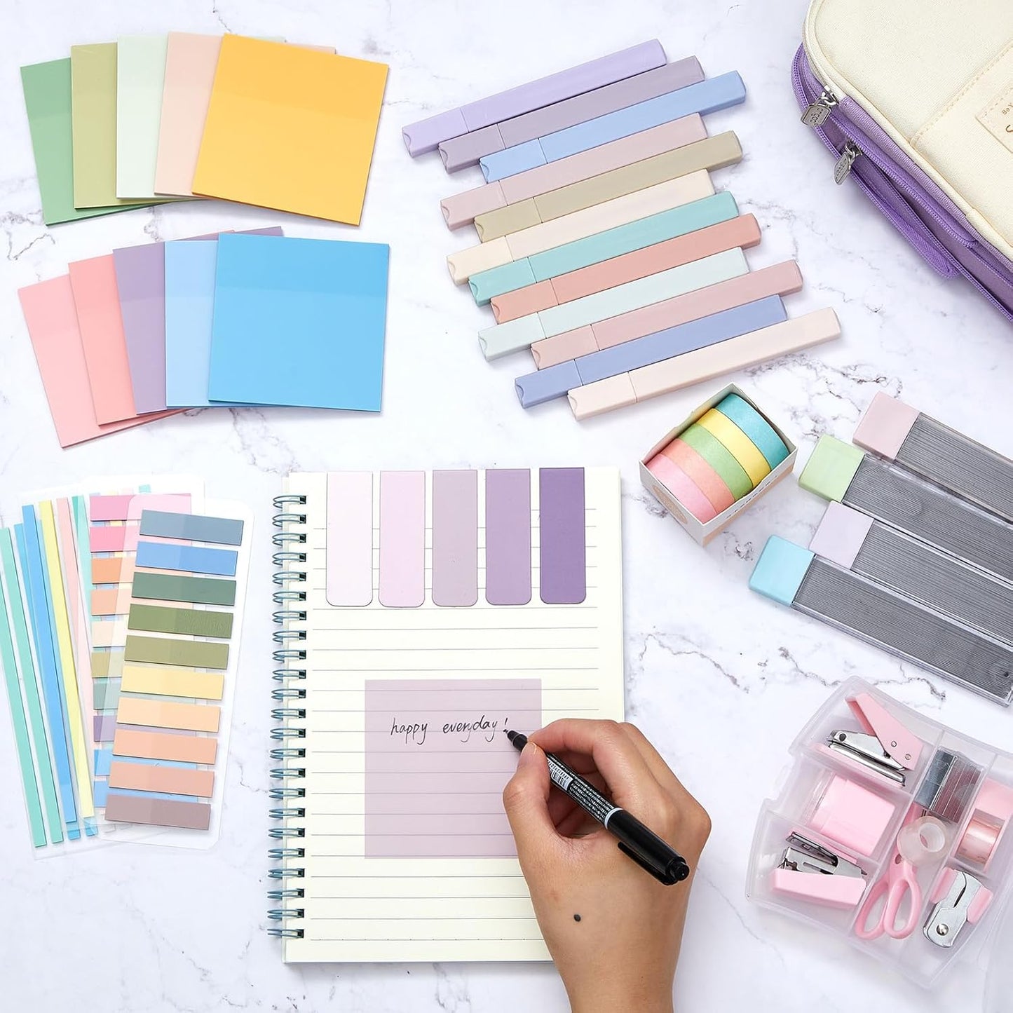 60 Pcs Aesthetic Book Annotation Kit School Supplies Cute Pencil Case with Highlighter Gel Pen Mechanical Pencil Magnetic Bookmarks Transparent Sticky Note Tabs Student Stationary(Purple)