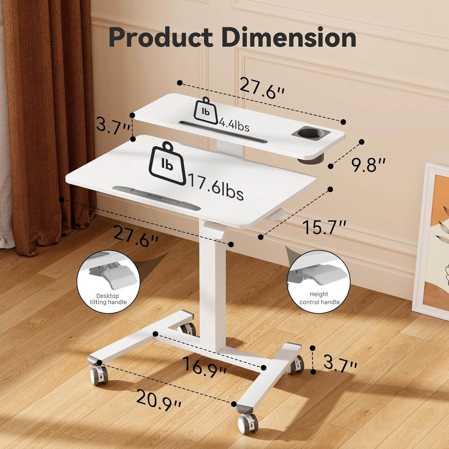 28Inch Mobile Standing Desk On Wheels， Rolling Laptop Stand with Tiltable Desktop， Small Computer Workstation Adjustable Height， 2-Tier Portable Study Table with Storage Shelves， White