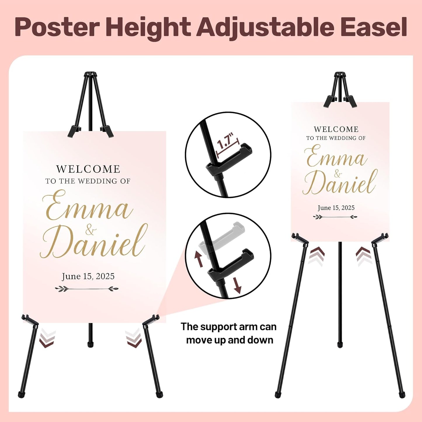 2Pack Black Easel Stand for Sign & Poster - 63" Adjustable Metal Display Easels for Wedding Welcome Signs, Painting, Canvas, Art & Picture - Portable Folding Tripod with Carry Bag, Holds 5 Lbs