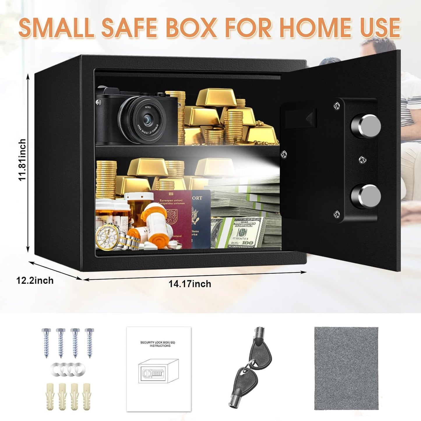 1.6 Cub Small Safes for Home Use, Digital Security Home Safe Box with Programmable Keypad, Spare Keys and Alarm System, Anti-Theft Lock Box Personal Safe for Money Medicines Valuables
