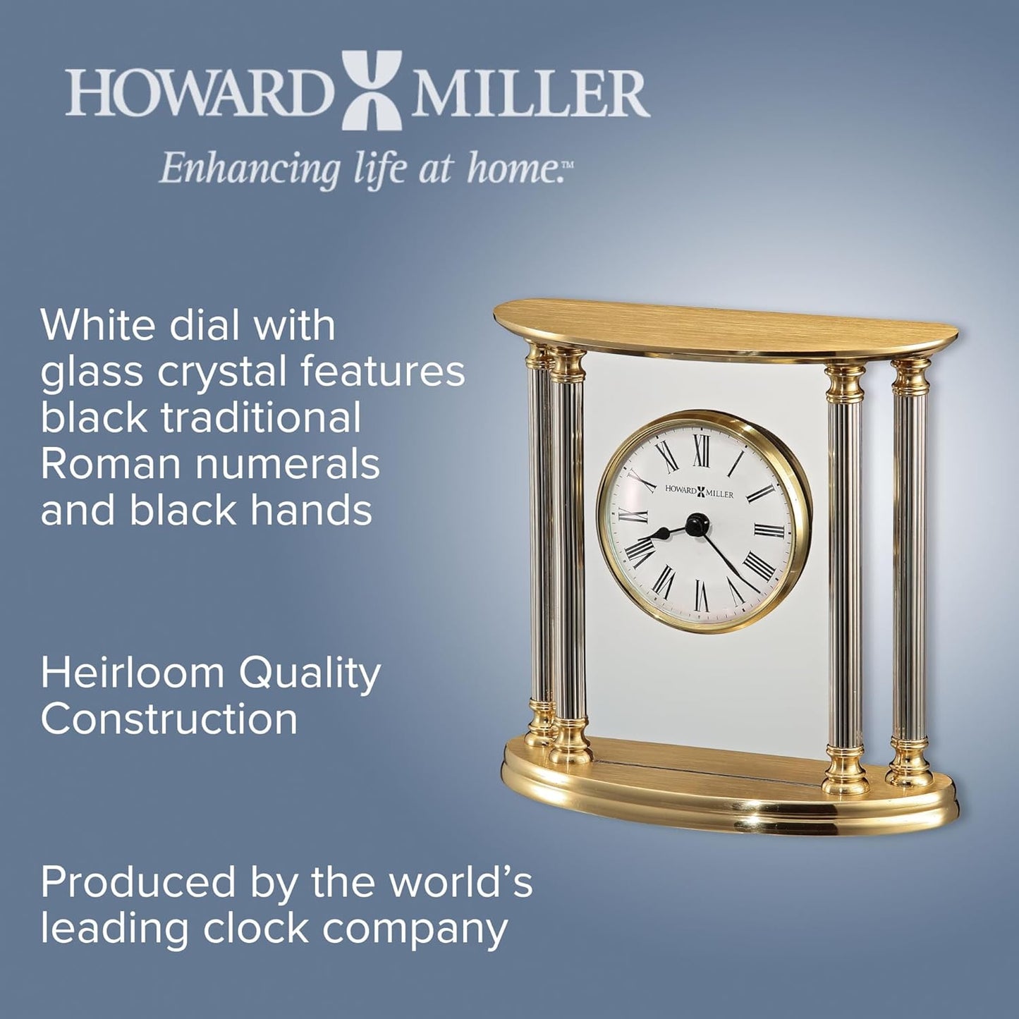 Howard Miller New Orleans Tabletop Clock – Elegant Brass Accent Clock with Palladium Plated Fluted Columns Quartz Movement Traditional Design for Office Mantel & Home Decor