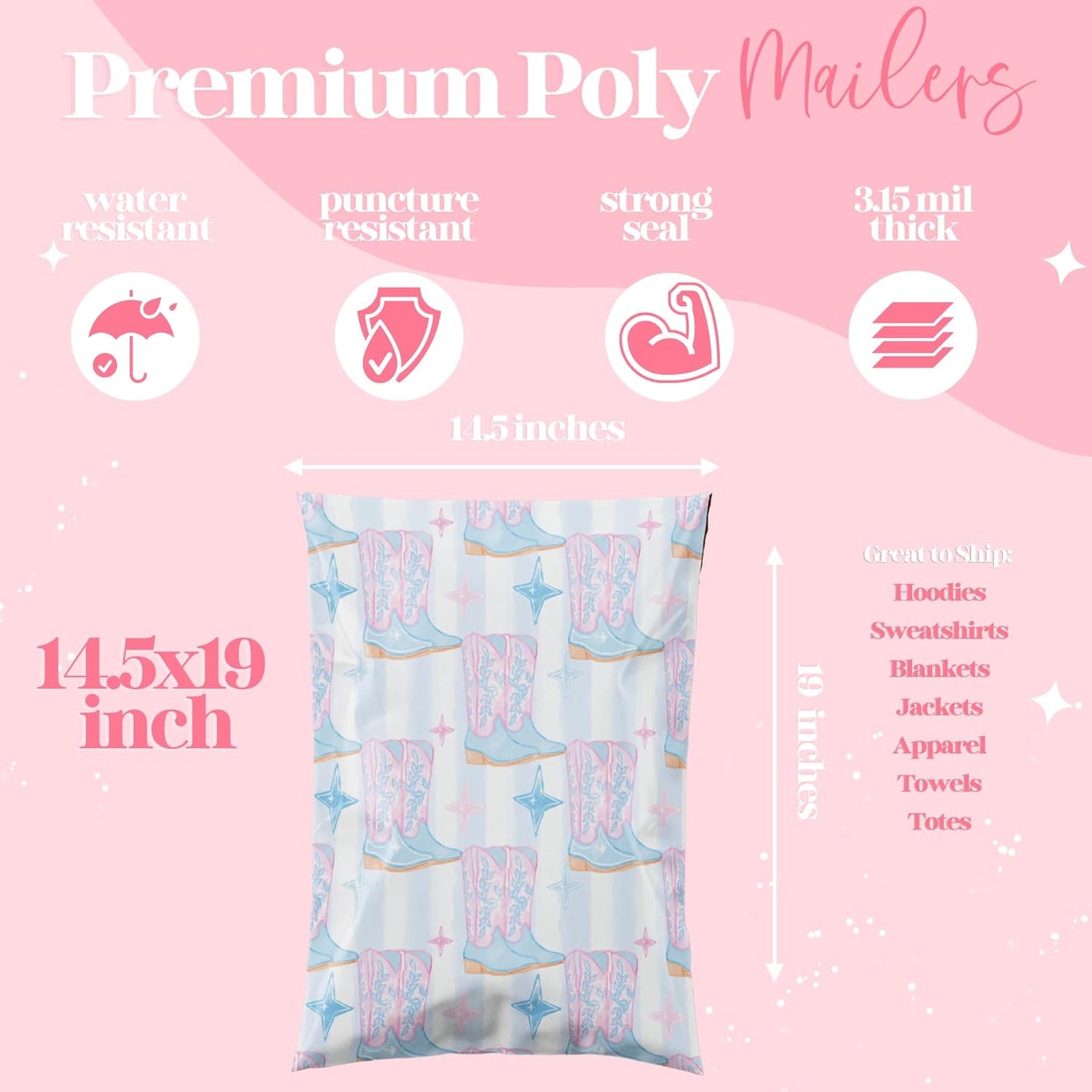 14.5x19 Designer Poly Mailer 100 Pack Heavy Duty Waterproof Self Seal Shipping Bags for Small Business Large Mailing Envelopes Bulk Tear Resistant Packaging Cowgirl Boots Western
