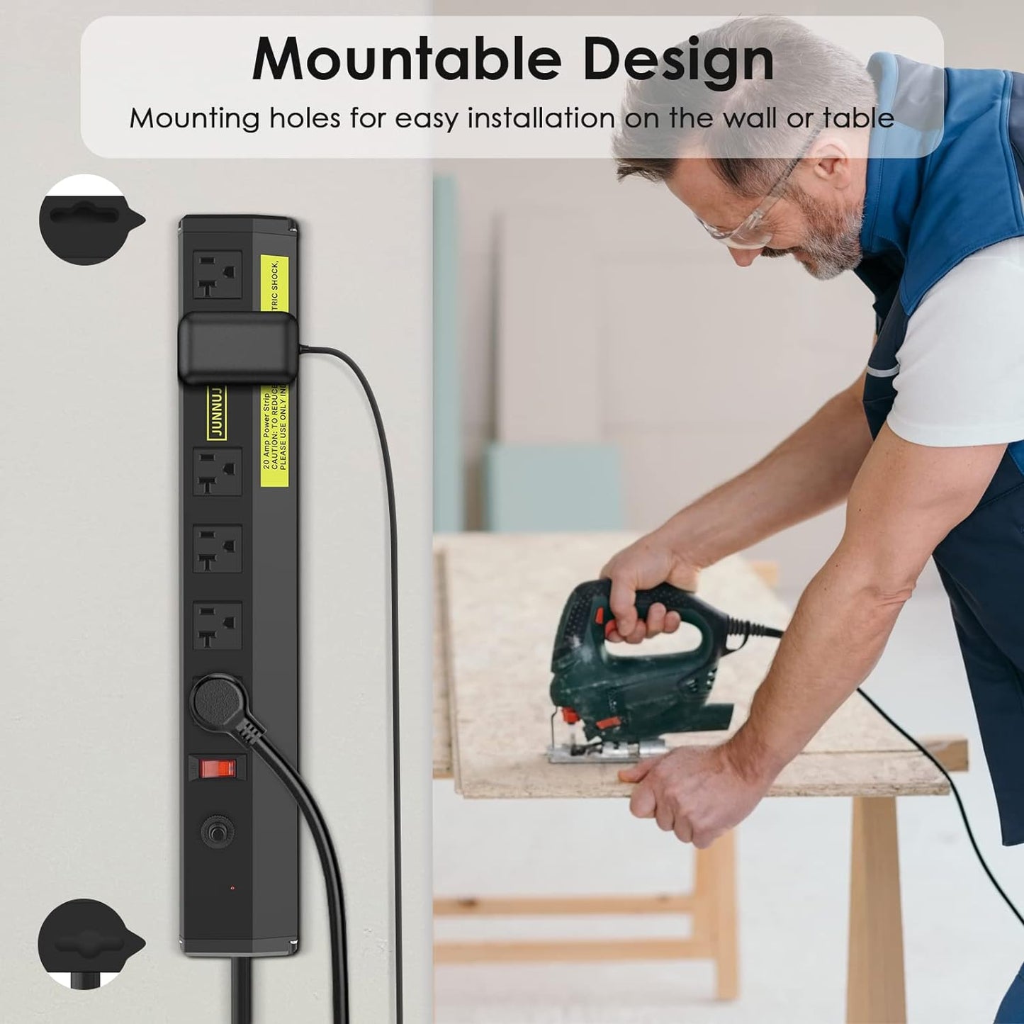 JUNNUJ Heavy Duty Metal Power Strip 20 Amp, High Amp Surge Protector 6 Outlet, 20A Power Strips Workshop Industrial Outlets Wide Spaced 6-20R T-Slot with Circuit Breaker, 12 Gauge Extension Cord 10ft