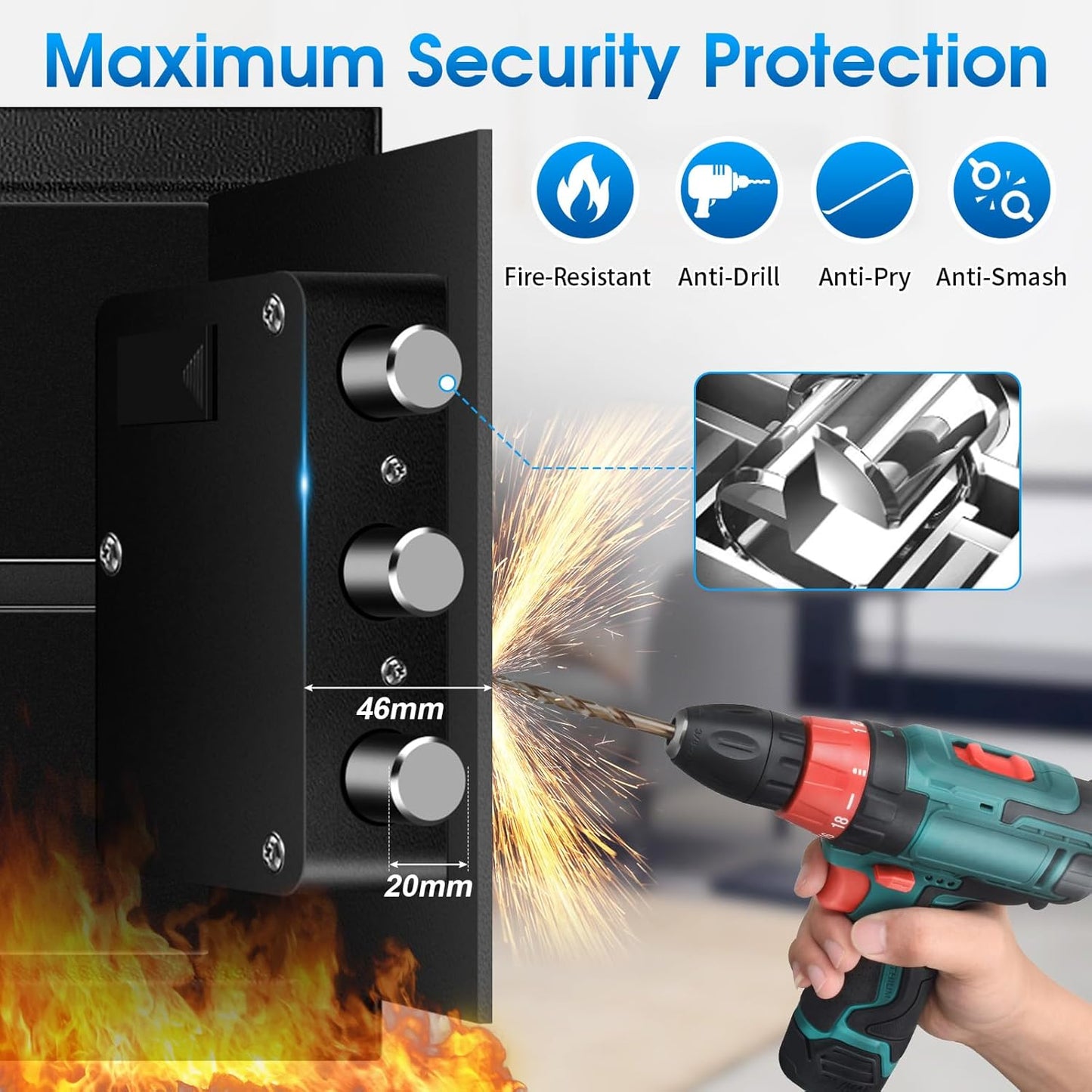 1.3 Cu Ft Small Fireproof Home Safe Box - External Type-C Backup, Steel Security Combination Key Lock Box with Removable Shelf, Safety Box for Document Jewelry Money