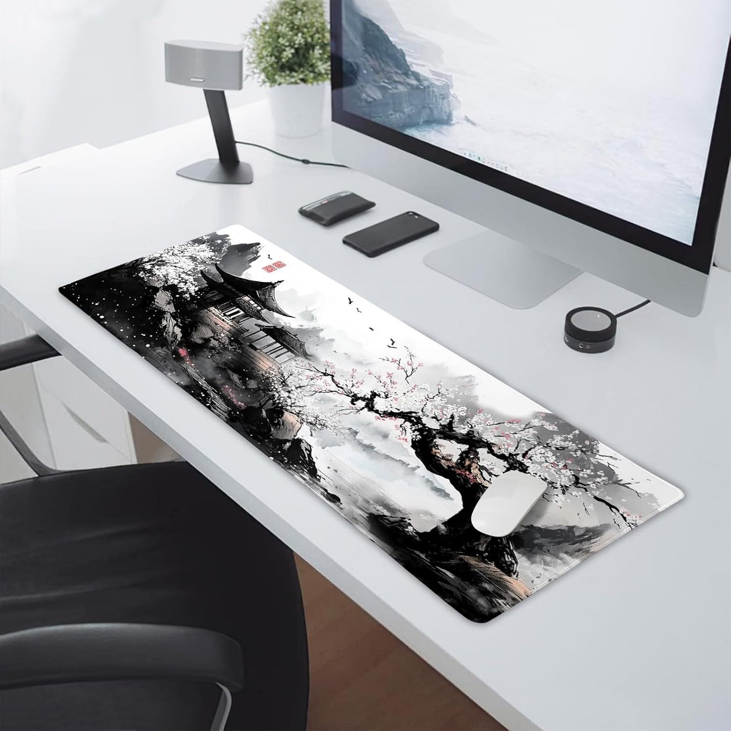 Black Whtie Japanese Gaming Mouse Pad XL Anime Sakura Cherry Blossom Tree Extended Large Mat Mousepad Desk Pad Non-Slip Rubber Base Stitched Edge Long Keyboard Pad for Computer,31.5×11.8 Inch