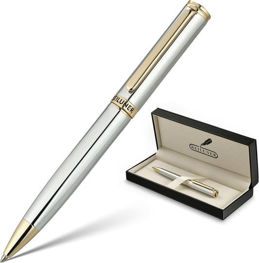 BEILUNER Silver Gold Gel Pen - Luxury Featuring sophisticated chrome finishes, with 24K Gold Accents, Best Pen Gift Set for Men & Women, Business Signature, Executive, Office Retractable Pens