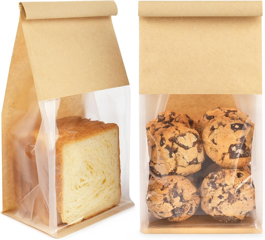 100 Pack Bakery Bags with Window, 5.1x3.9x11 Inches Tin Tie Tab Lock Resealable Bread Loaf Bags for Packaging Homemade Sourdough Bread, Cookies, Bagels, Pastry