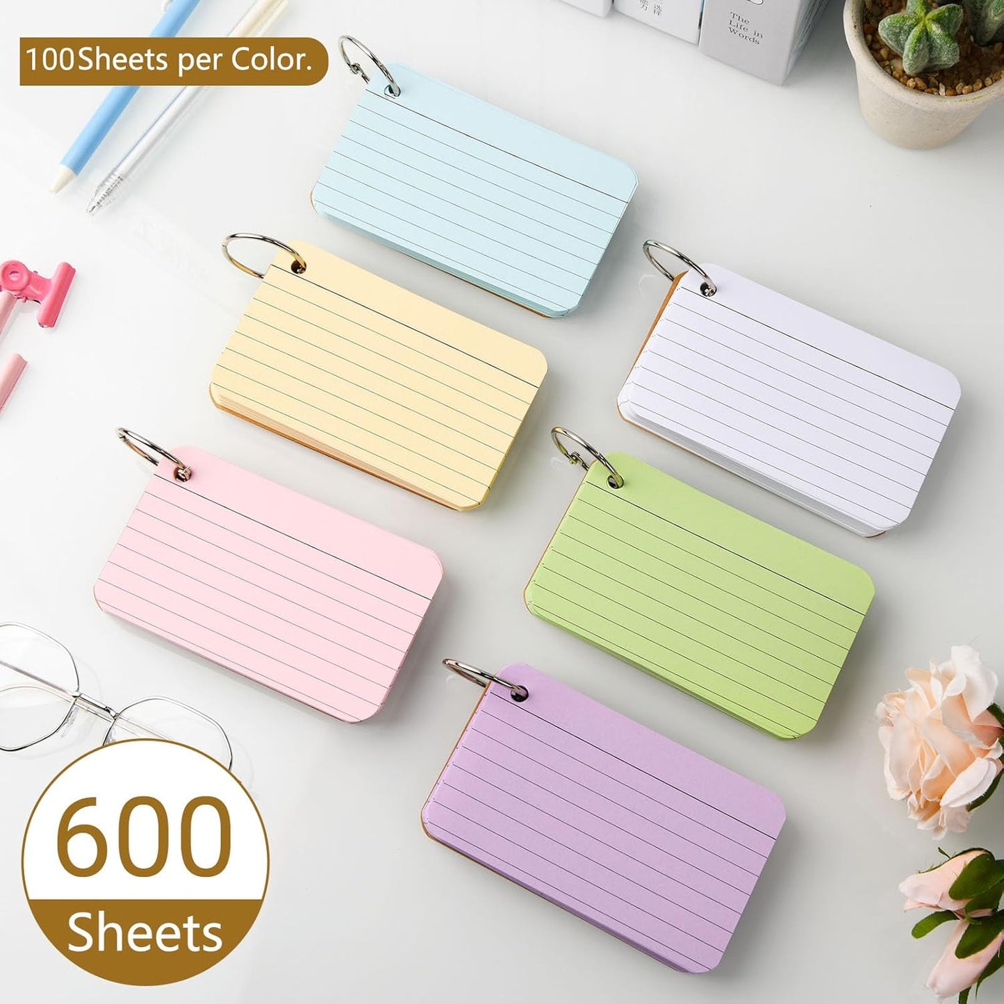 6 Pack Lined Index Cards 3 x 5 Inches, 600 Pcs Colored Ruled Index Flashcards Lined Flash Cards with Rings for Study, Office and Home