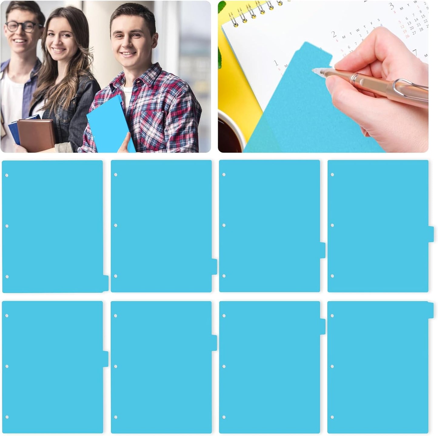 3 Ring Dark Blue Binder Dividers with 8-Tabs, A4 Blue Binder Dividers, Sturdy Plastic Divider, Aesthetic Divider for Binders, Suitable for Notebooks and Binders, 3 Hole Punch