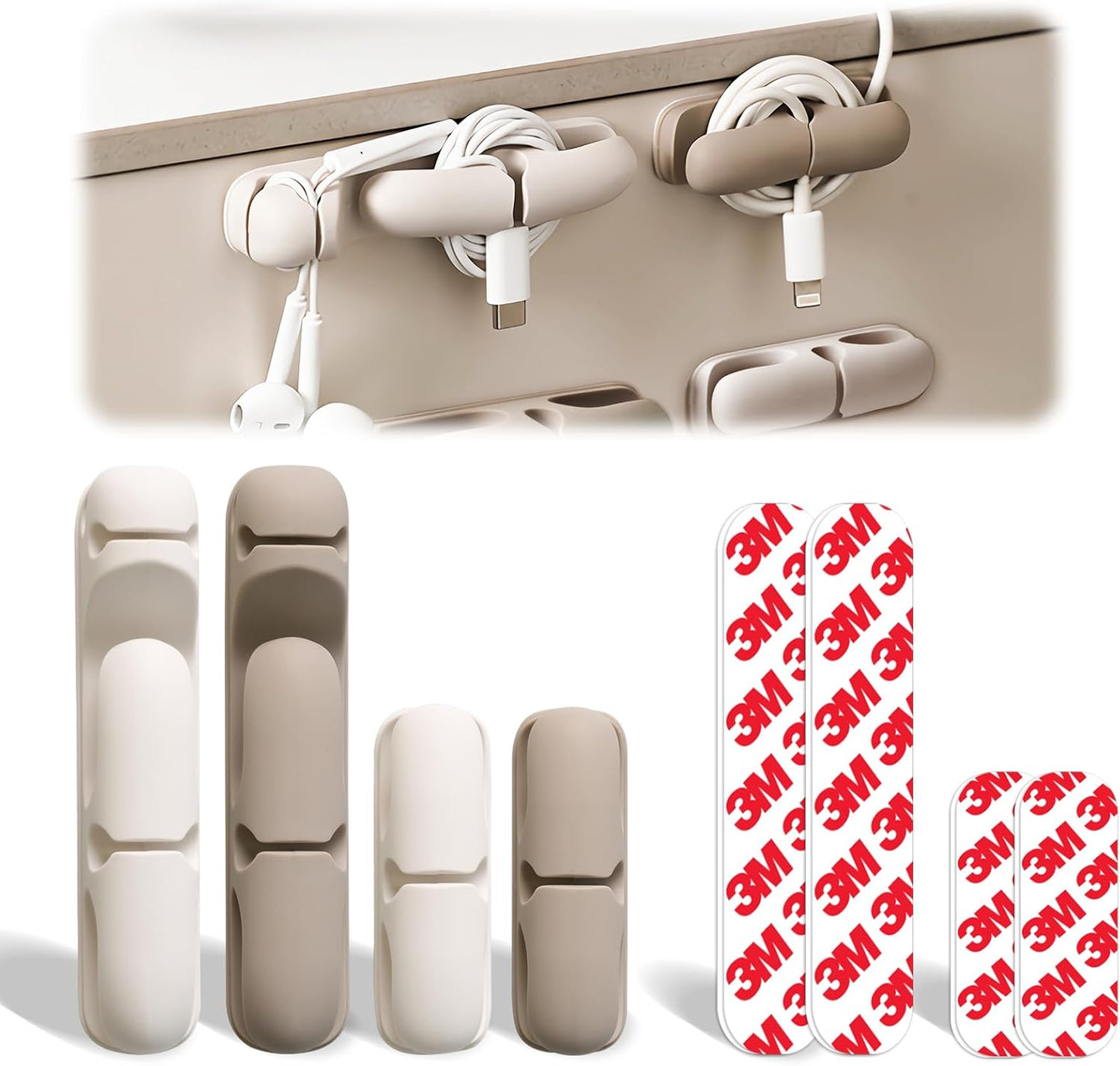 4Pcs Silicone Cable Straps with Adhesive Made of 3M Cord Organizer for Bundling Earphone, Phone Charger, Computer Cords, Reusable Cable Ties Wire Organizer in Home, Office, School 2 Colors