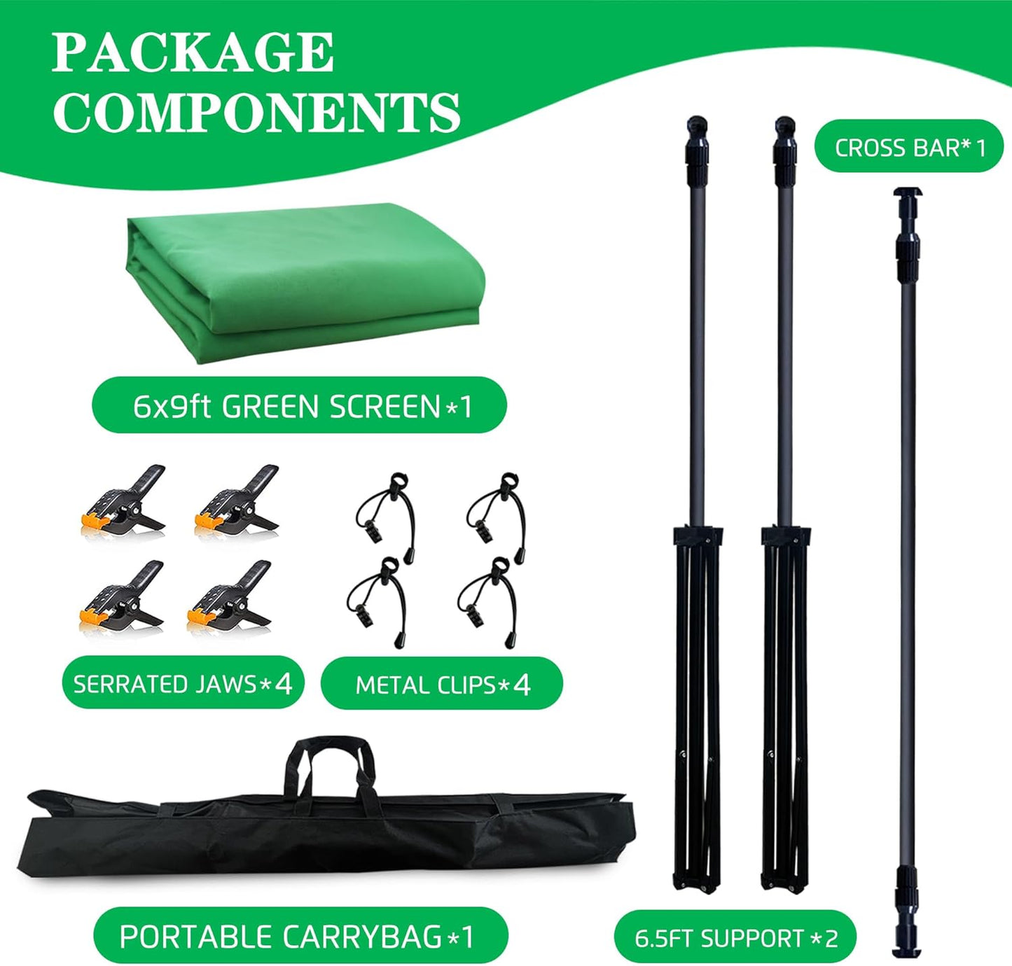 2-in-1 Green Backdrop Stand Kit - 6x9 ft Green Backdrop with 6.5x6.5ft Portable Photography Stand for Video Streaming,Zoom Meetings,Parties,Anti-Wrinkle Polyester Fabric