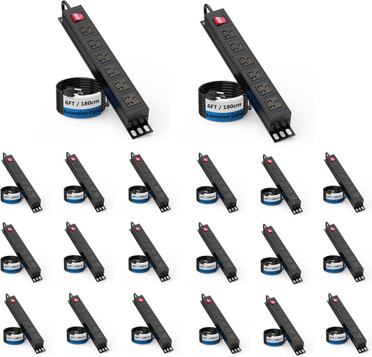 20PCS 6 Outlet Power Strip, Metal Mountable Power Strip Surge Protector, Heavy Duty Wall Mount Power Outlet for Commercial, Industrial, Workshop, Long Power Cord, 15A/125V 1875W