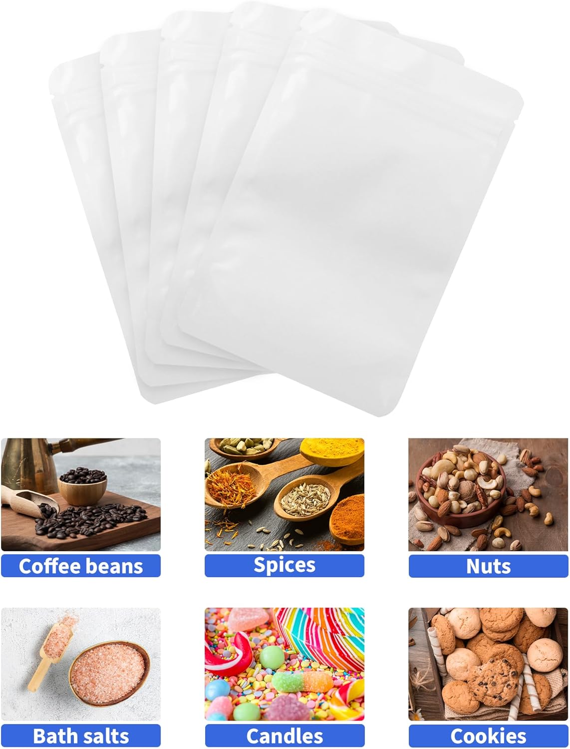 100 Pack Resealable Stand Up Bags,7.9" x 11.8" Smell Proof Pouch Sealable Foil Pouch Bags for Packaging (White)