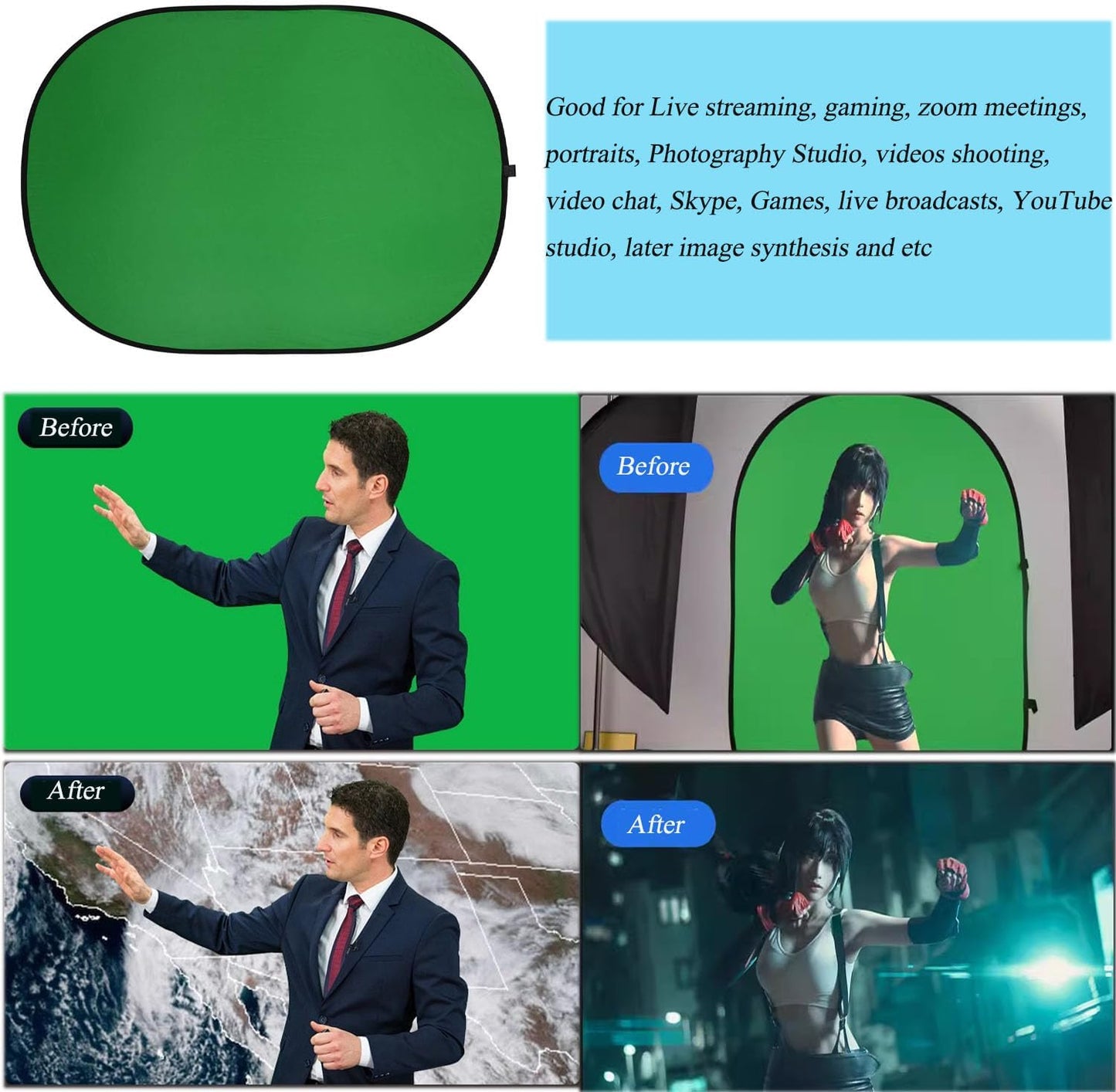 5x7ft/1.5x2m Chromakey Backdrop with 7.8ft/2.4m Stand, 2-in-1 Green Screen and Blue Screen Reversible Collapsible Background Panel for Photography Studio, Live Streaming, Video Shooting, Games