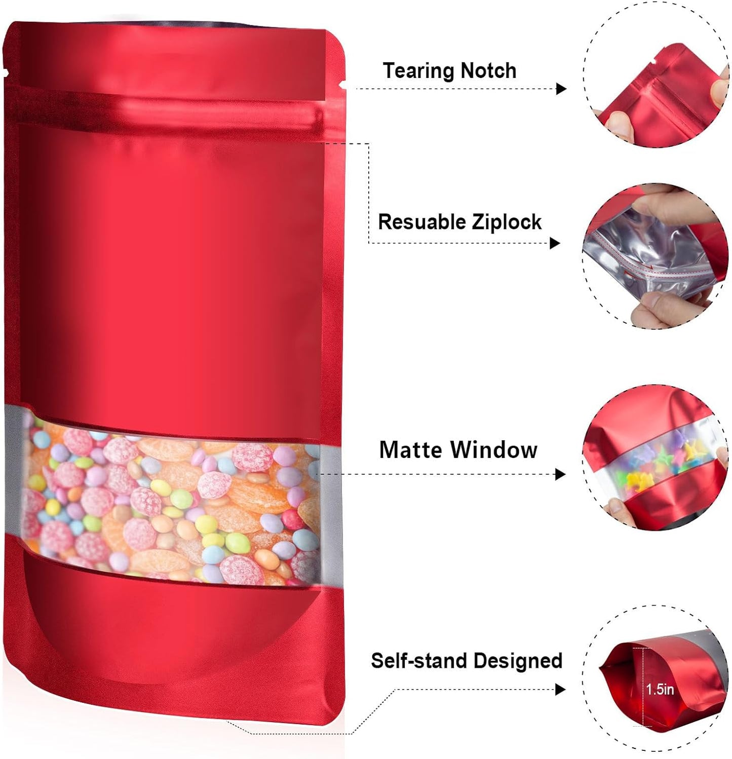 6.3"x9.5" 120pcs Mylar Bags for Food Storage,Smell Proof Bag with Matte Window Resealable Food Storage Bags for Small Business, Stand-up Foil Pouch Packaging Freeze Dried Candy Bag（Red）