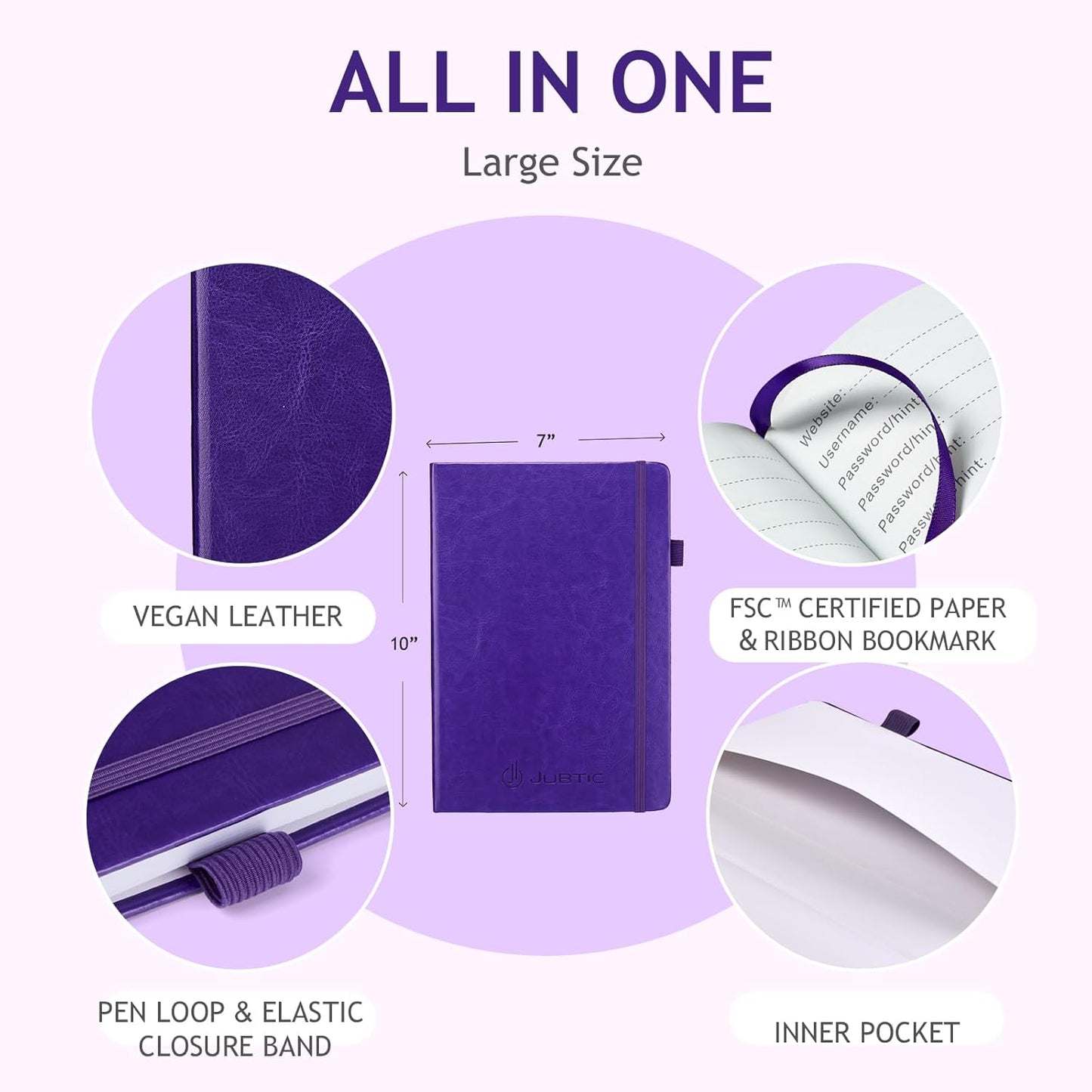 JUBTIC Password Book with Individual Alphabetical Tabs, 7"x10" Internet Password Keeper Book for Seniors, Password Notebook and Organizer/Notes Section,Purple