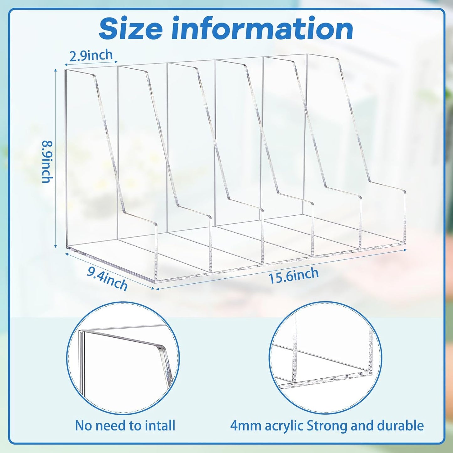 Suzile Clear Acrylic Magazine File Holder with Vertical Compartments Desk Organizer Book Rack for Desk Sorter Paper Folder Office Accessories (Groovy,15.75 x 9.45 x 8.86 Inch)