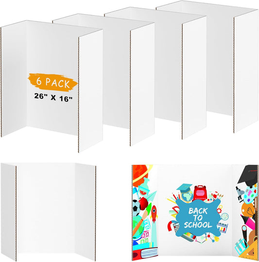 6 Pack Medium Trifold Poster Board, 26" x 16" White Corrugated Cardboard Tri Fold Poster Boards for Presentation, School Projects, Science Fair, Photo Display Exhibitions Event