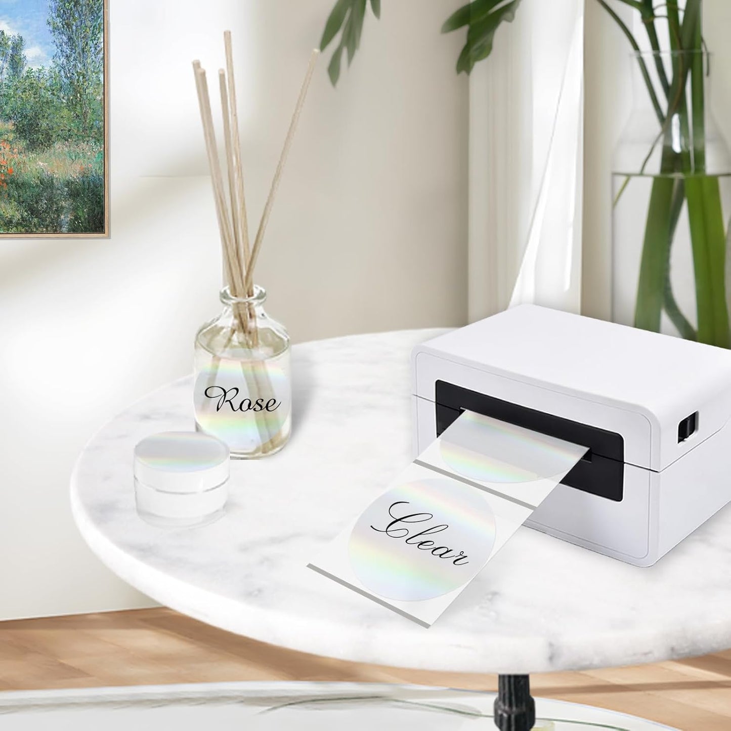 3" Round Transparent Clear Thermal Label Stickers, Holographic Clear Self-Adhesive Direct Thermal Labels, Perforation Line Design& Waterproof- 200 Sheets