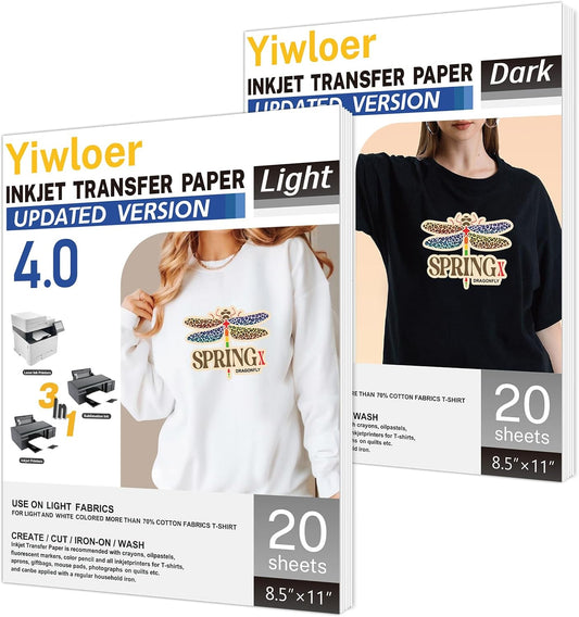 Iron on Heat Transfer Paper for T Shirts (8.5x11'', 20 Sheets) Iron-on Transfers Paper for Light Fabric Printable Heat Transfer Vinyl for Inkjet Printer (Light Dark Fabric, 40pcs)