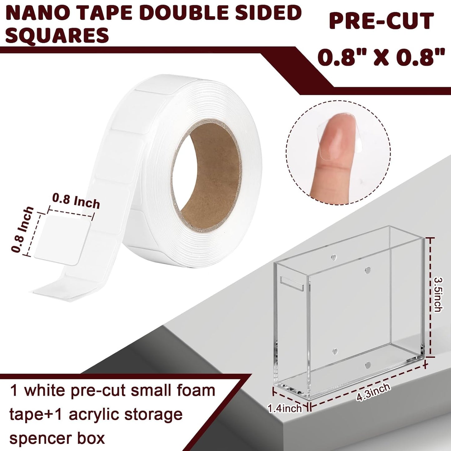 1 Pack Nano Double Sided Adhesive Dots 0.8" Precut Thin Nano Tape with Acrylic Dispenser Box Clear Adhesive Glue Dots Double Sided Sticky Putty for Wall Poster Hanging Crafts Removable(Tape+Box)