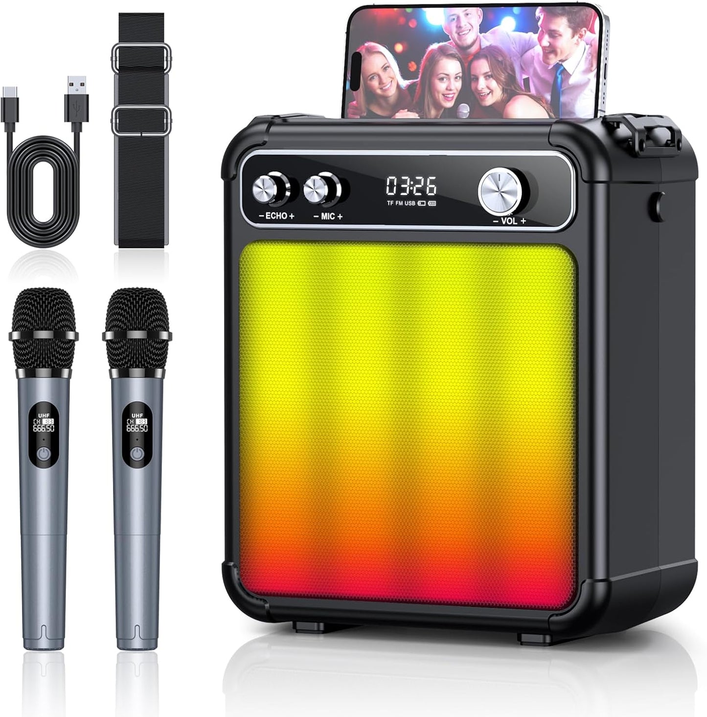 Karaoke Machine,Karaoke Machine for Adults,Bluetooth Speaker with 2 Wireless Karaoke Microphones for Adults & Kids with LED Lights,Karaoke Microphone with PA System Supports TF Card/USB/FM/AUX/TWS