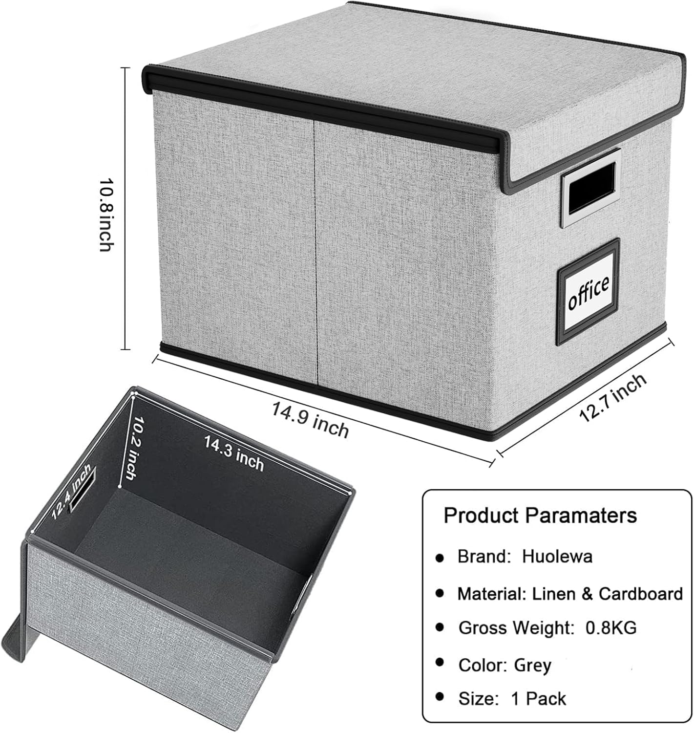Huolewa Upgraded Portable File Organizer Box with Lid, Collapsible Linen Hanging Filing Storage Boxes with Plastic Slides, Decorative Home/Office Filing System Box for File and Folders Storage (Gray)