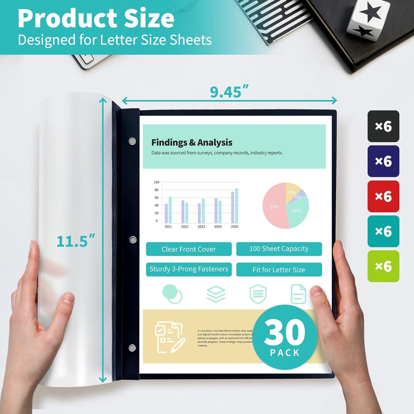 Binditek 30 Pack Clear Front Report Covers with 3 Prongs, 100-Sheet Capacity, Heavy-Duty Plastic Report Folder with Color Back Covers, 3 Metal Prongs Fasteners, for Letter Size, 5 Assorted Color