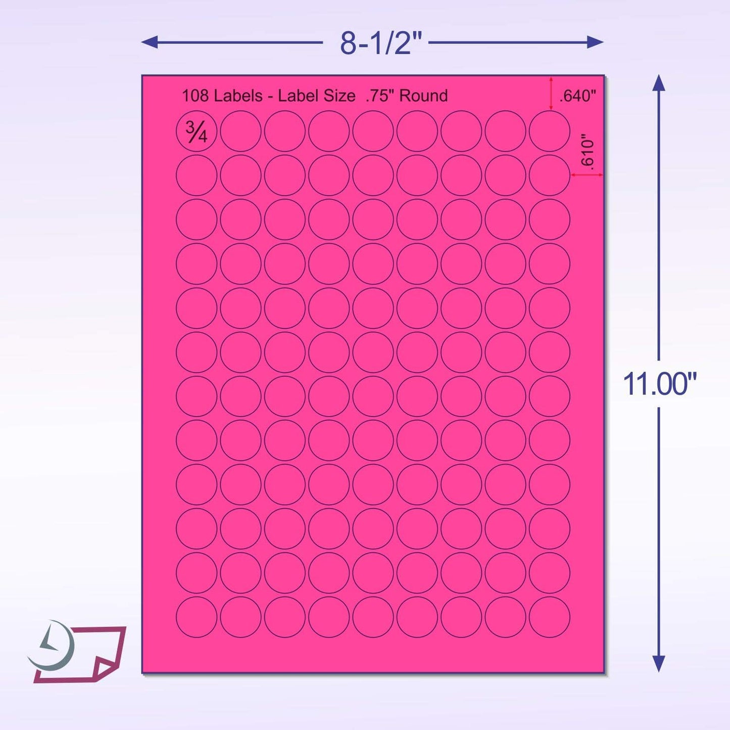 8-1/2 x 11" Neon Color High Light Fluorescent Labels for Laser & Inkjet Printer (Pink Fluorescent, 3/4" Round - 108 Per Page | 2700 Labels)