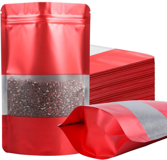100 Pack Smell Proof Bags, Resealable Red Mylar Bags with Matte Window, Foil Pouch Stand Up Sealable Bags for Packaging, 4.72 × 7.87 Inch