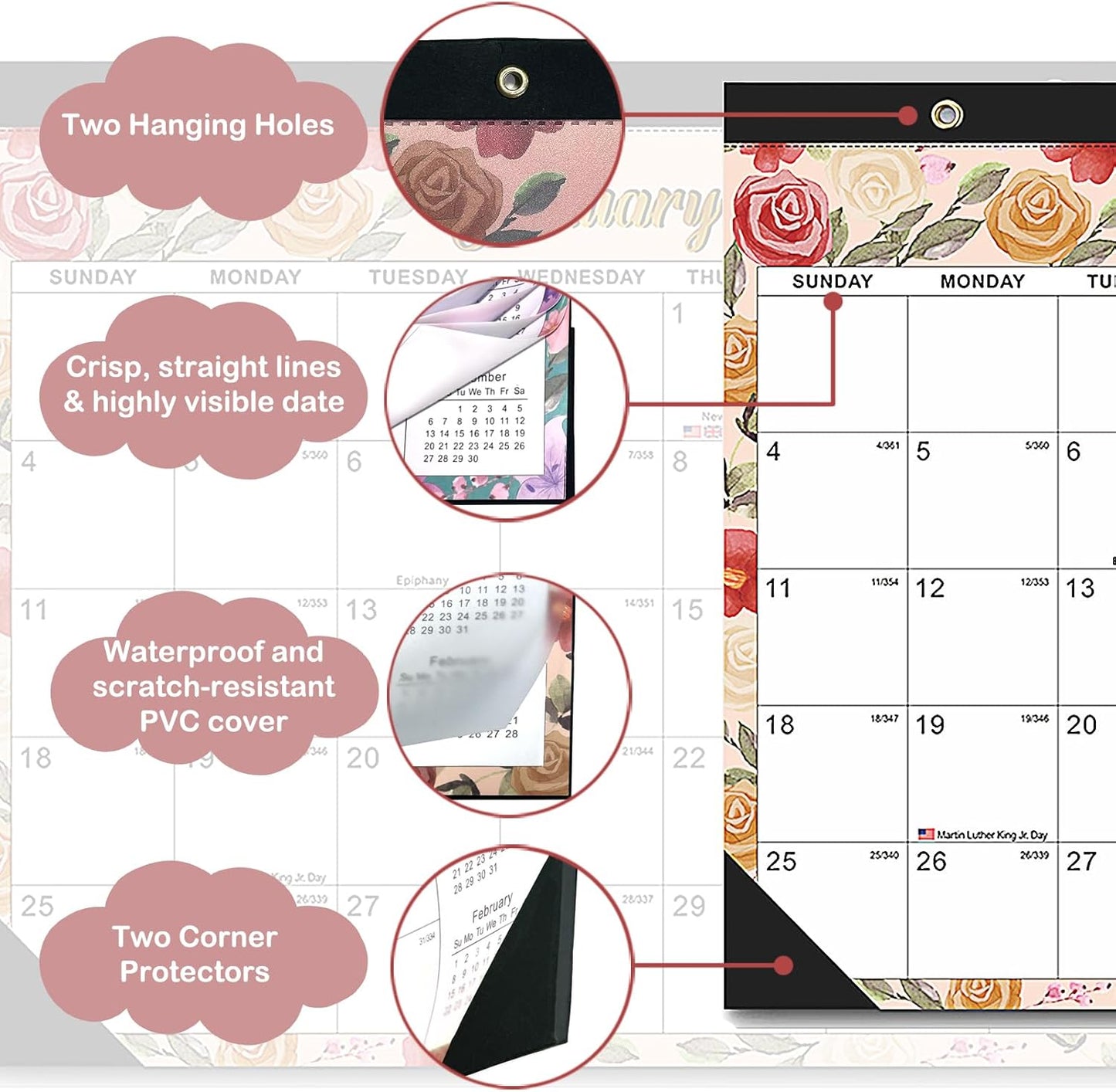 2026-2027 18-Month Large Desk Calendar with 2 Stickers & Hanging Rope - 17"x12" Watercolor Floral Desktop or Wall Calendar | Holiday Marks & Year Countdown | for Office, Homeschool, Teacher Planning (Jan 2026 - Jun 2027)