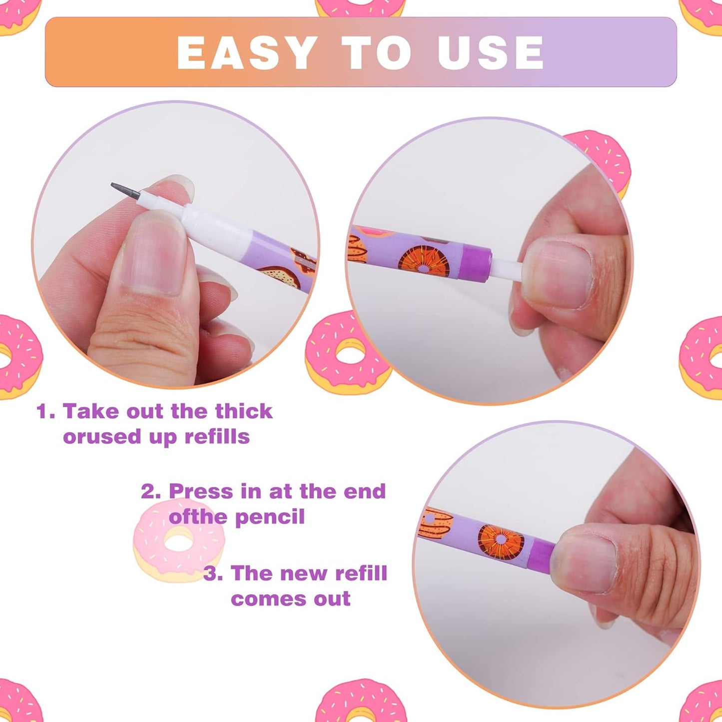 Kolewo4ever 48pcs HB Donuts Themed Translucent Pencil Fun Multipoint Pencil Multicolor Non Sharpening Stackable Pencils Pop Up Plastic Pencils for Classroom Rewards Carnival Prizes