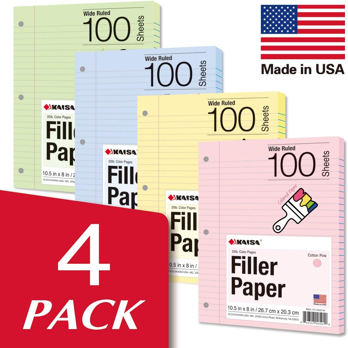 Kaisa Filler Paper Colored loose Leaf Paper, Wide Ruled 8x10.5in Colored Paper, 3-Hole Punched for 3-Ring Binders,100Sheets/pack 4Packs, FC10001W