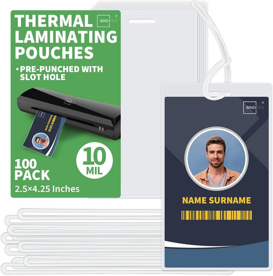 Binditek 100 Pack 10 Mil Thermal Laminating Pouches, 2.5 x 4.25 Inches with Hole and Loops, for Luggage Tags, Ultra Clear, Heat Seal, Glossy, for Office and Home Use
