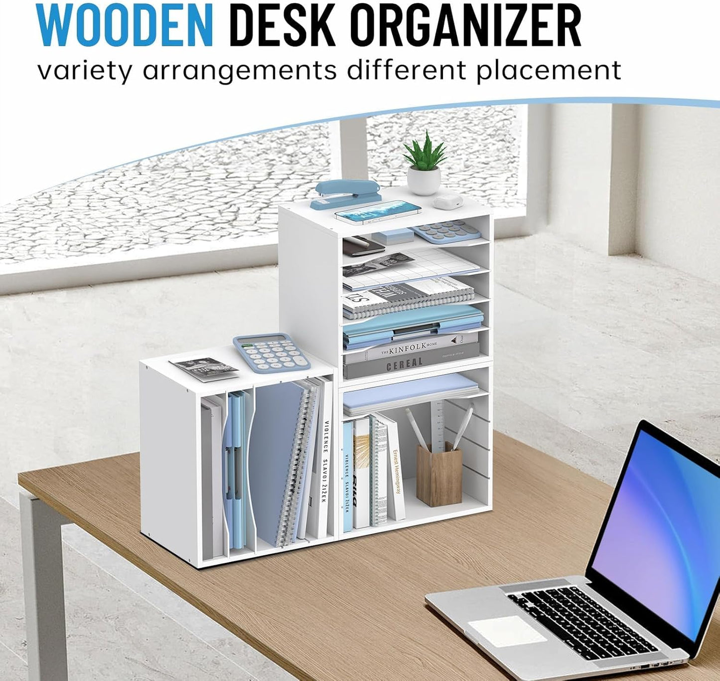 5-Tier Wood Desk Organizer, Paper Tray Organizer for Desk with Adjustable Storage Shelves, Desktop Paper Sorter Mail Holder for Office Home Classroom, White
