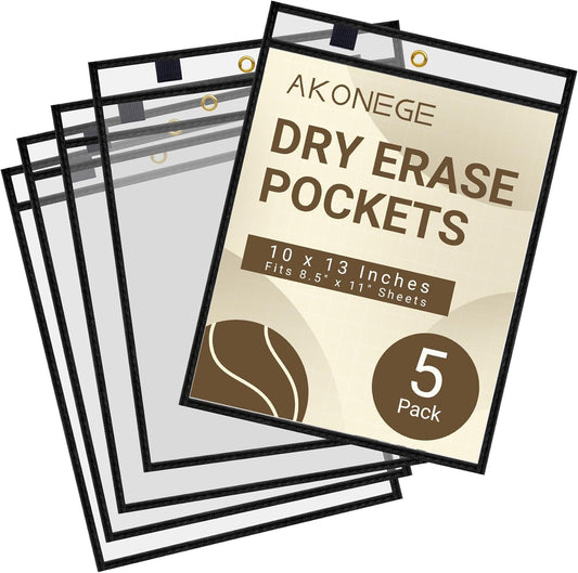 5 Pack Oversized Dry Erase Pocket Sleeves Reusable 10 x 13 Inches Black Shop Ticket Holders Clear Plastic Sleeves Sheet Protectors for Documents, Teacher Classroom & Office Supplies