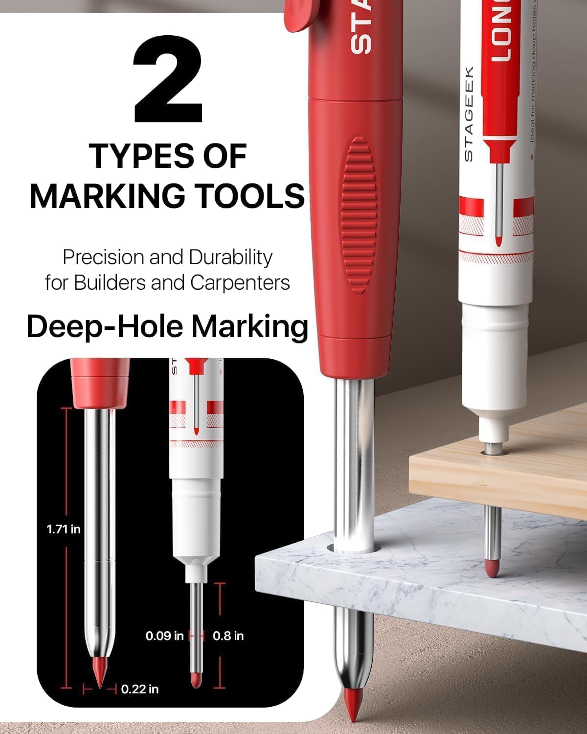 22 Pack Carpenter Pencil Set with Sharpener, Mechanical Carpenter Pencils with 60 Refills, Deep Hole Long-Nib Marker Pens, Carbide Scribe Tool & Construction Pencils for Architect with Case