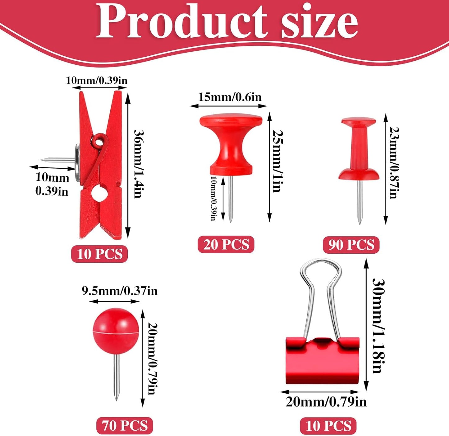 BESARME 200 Pieces Red Push Pins, 5 Style Thumb Tacks Decorative Pins for Cork Board Bulletin Wall Craft Office Home Supplies