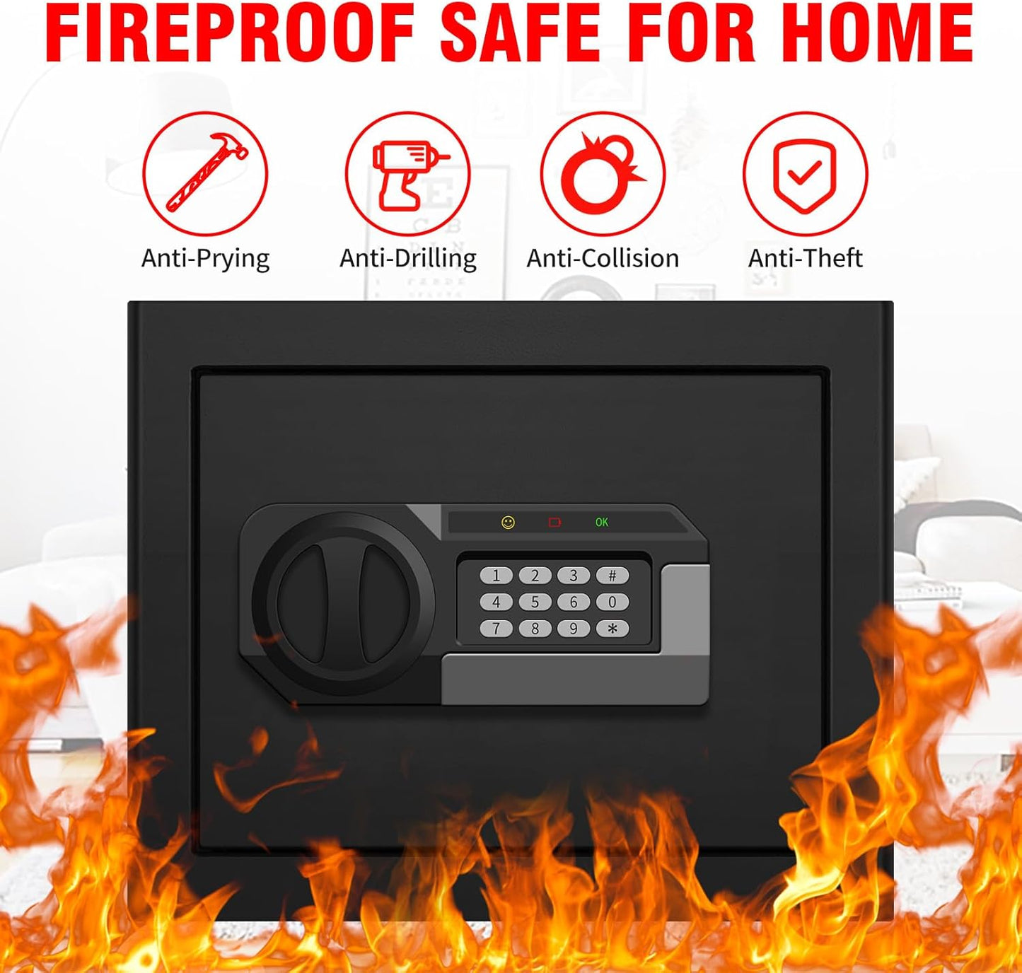 1.8 Cubic Feet Small Personal Safe for Home Use, Anti-theft Fireproof Lock Box with Programmable Keypad, Spare Keys and Removable Shelf, Digital Home Security Safe for Money Documents Medicines