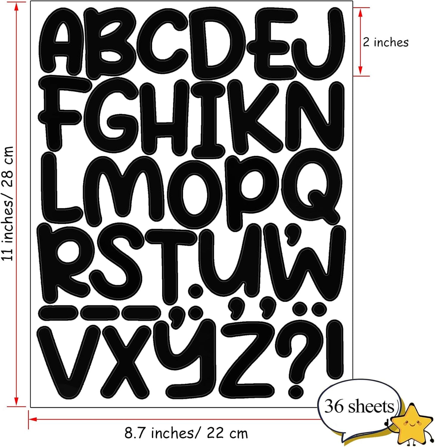 Bemeol 1368 Pieces Letter Stickers 36 Sheets 2 Inch Alphabet Letter Stickers Vinyl Self Adhesive Sticker Letters for Bulletin Board Home Classroom Mailbox Decor(Black)