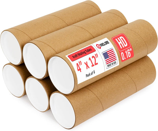 4" x 12" Heavy-Duty Reinforced Cardboard Mailing Tube, Pack of 6 Tubes with 12 Caps – Secure USPS Approved – Great for Shipping and Storing of Prints, Artwork, Posters or Documents