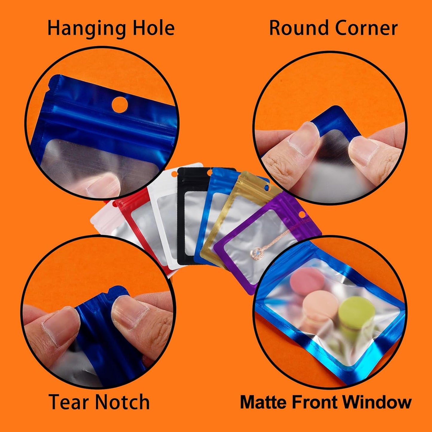 400 Pack 4 Sizes Resealable Mylar Holographic Bags Food Storage Smell Proof Bags with Front Window, Zipper Foil Packaging Pouch for Sample Jewelry Small Business (Gold,3x4.7,3.1x5.5,4x 6,4.7x 7.9in)