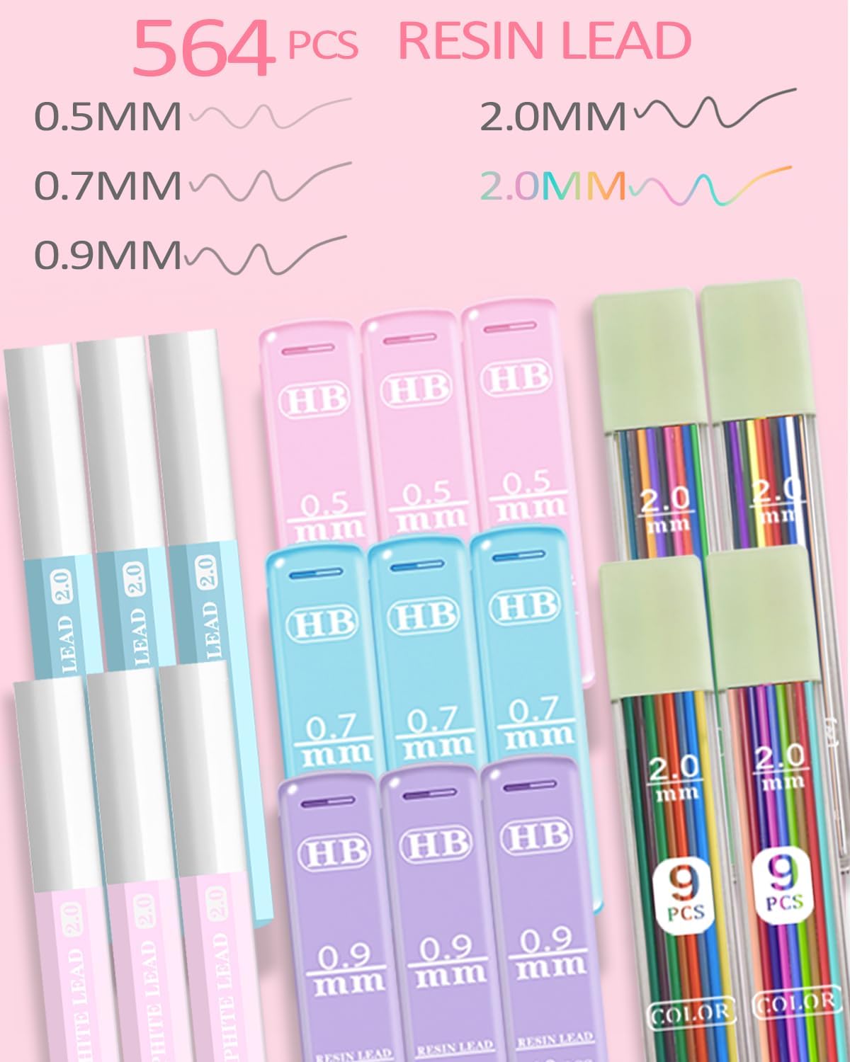 42PCS Mechanical Pencil Set with Cute Pencil Case，12X Pastel Mechanical Pencil 0.5mm, 0.7mm, 0.9mm & 2.0mm with 564X HB Leads Student Stationary Set for Writing Drawing Ideal Study Essentials (Pink)