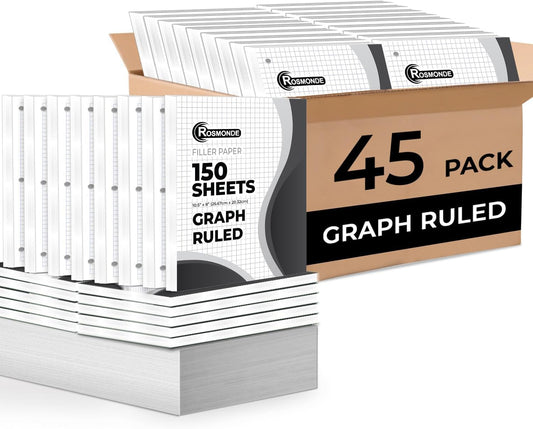 45 Pack, 6750 Sheets Graph Paper Bulk, 4x4, 8" x 10.5", Bulk Loose Leaf Paper, Bulk Grid Paper, Thick Graphing Paper, Fights Ink Bleed, 3 Hole Punched, Quad Ruled Sheets, Bulk School Supplies