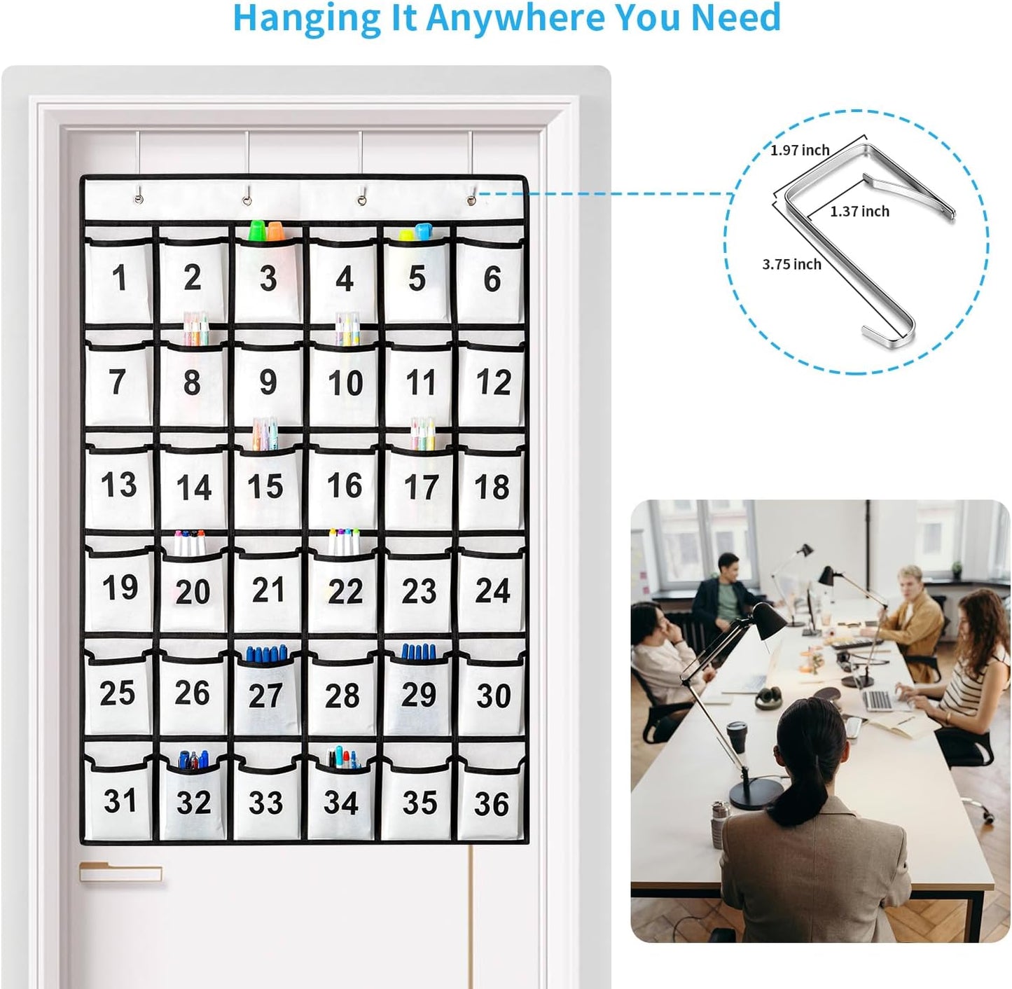 36 Pockets Numbered Classroom Pocket Chart for Cell Phones, Hanging Pocket Chart Storage for Classroom Phone Calculator Holder with 4 Stainless Steel Hooks (White-36pockets)