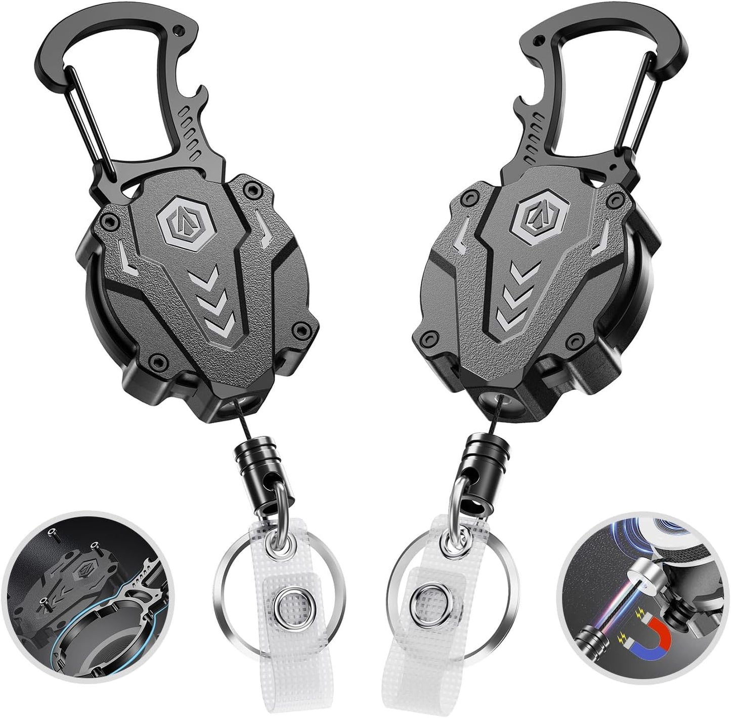 2Pack Heavy Duty Retractable Keychain, Tactical ID Badge Holder Reel Carabiner Clip with Magnetic Closure for Men, Unbreakable Sandwich Construction with 31" Dyneema Cord, Bearing 25oz