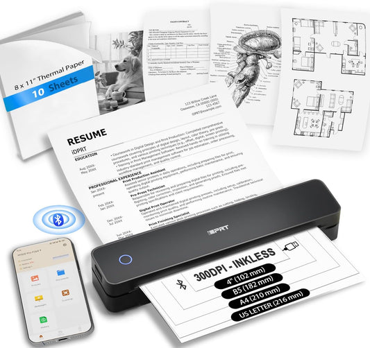 iDPRT Inkless Portable Printer for Travel, 300DPI Wireless Thermal Printer Support 8.5" x 11" US Letter, A4, Small Bluetooth Printers Compatible with iOS, Android Laptop for Home Office Car, Black