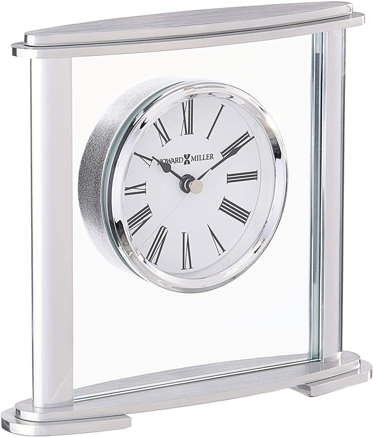 Howard Miller Glenmont Tabletop Alarm Clock – Metal Oval Glass Center, Brushed Silver Finish & Quiet Ticking Roman Numerals, Battery Operated Modern Desk Clock for Home or Office Décor